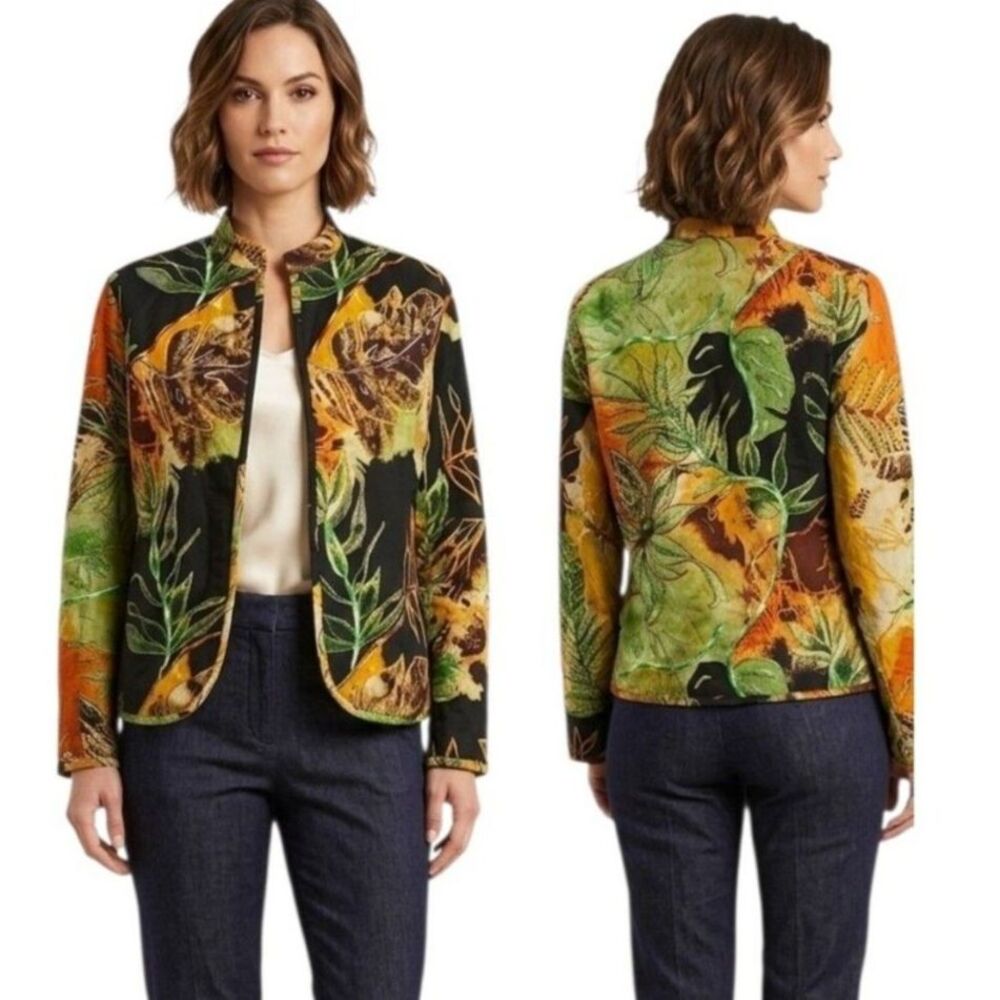 Anu By Natural Botanical Leaf Print Silk Blend Jacket Art to Wear Size M